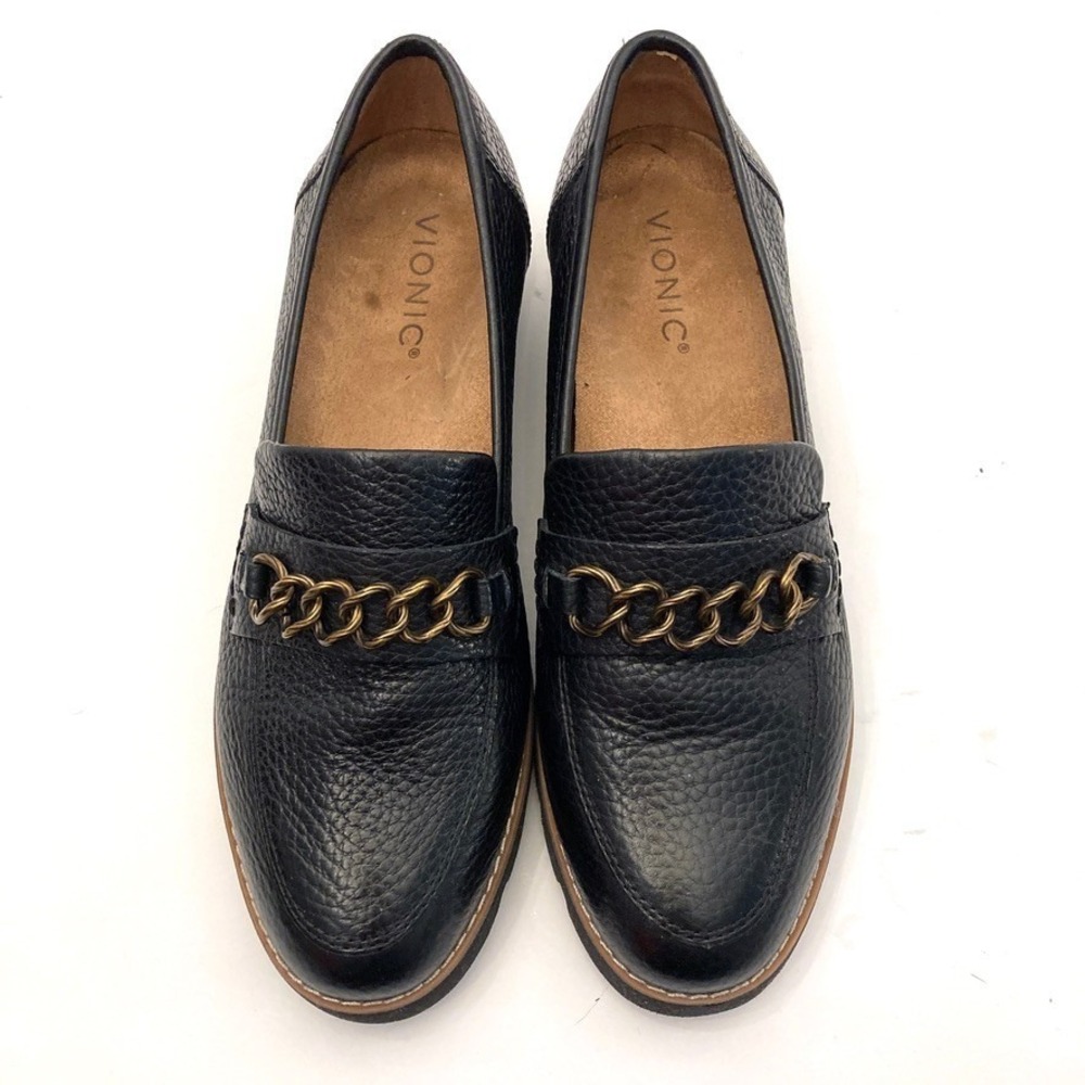 Vionic Emalyn Slip-On Loafers Black Pebbled Leather Lug Sole Womens 7.5 EU 38